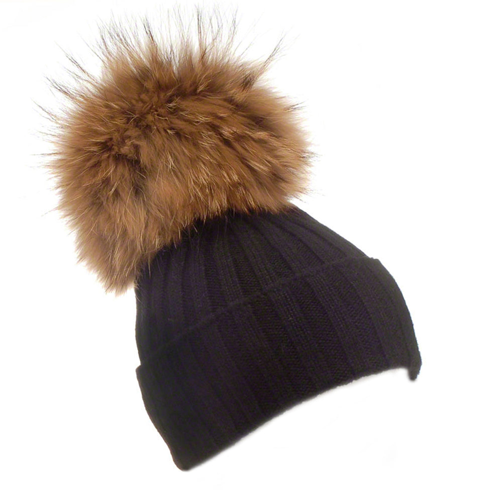 Black wool beanie with large raccoon pompom - Ellimonelli