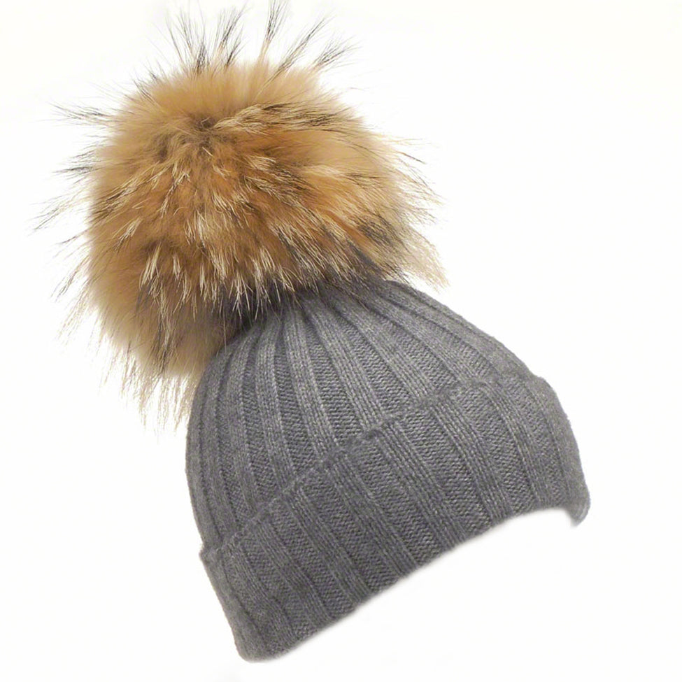 Charcoal wool beanie with large raccoon pompom - Ellimonelli