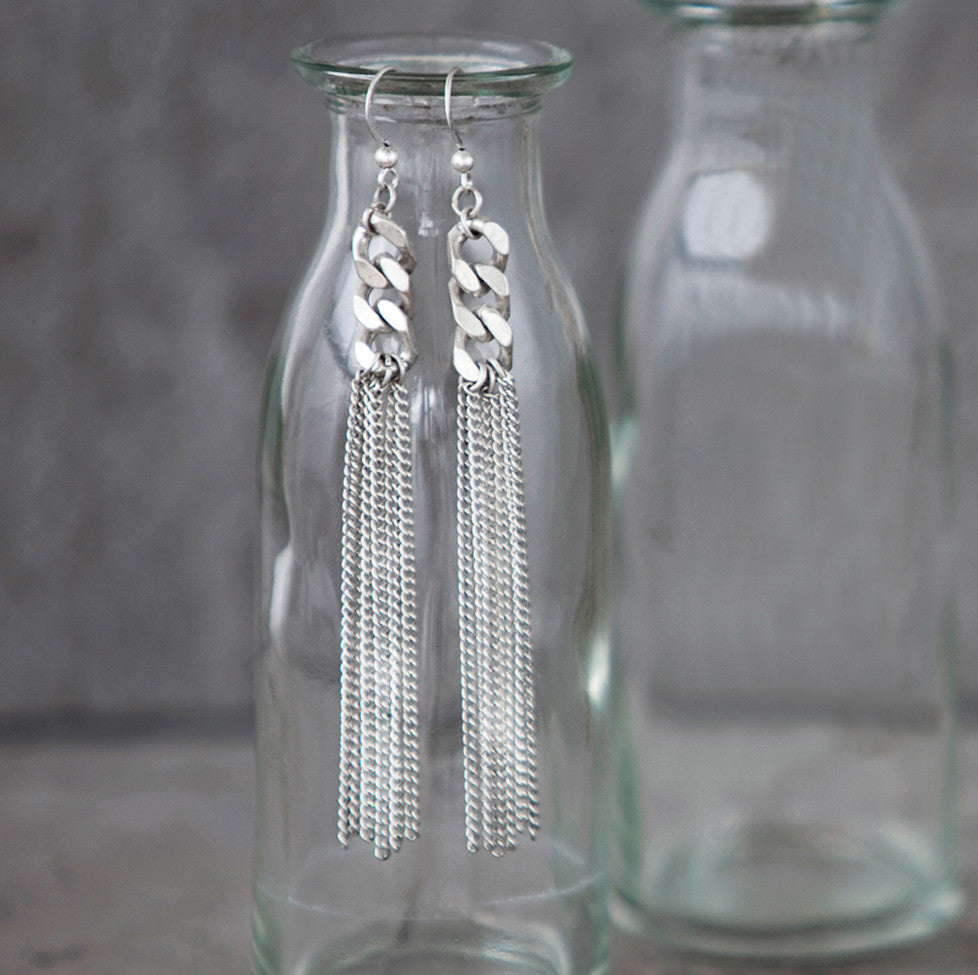 Tutti antique silver finish long chain tassel stud earrings - Ellimonelli