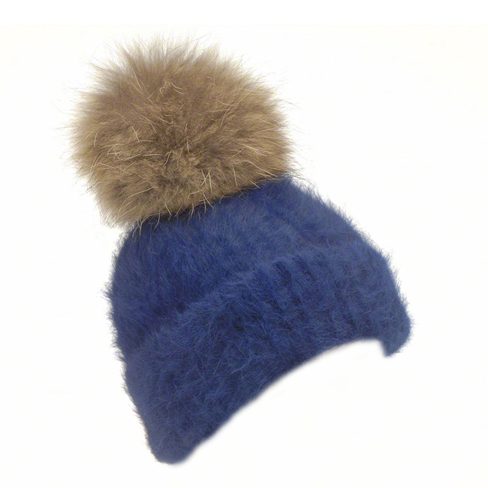 Navy knitted angora beanie with raccoon pompom - Ellimonelli