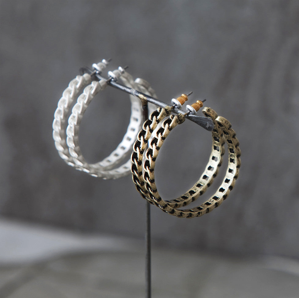 Tutti antique gold finish chain hoop stud earrings - Ellimonelli