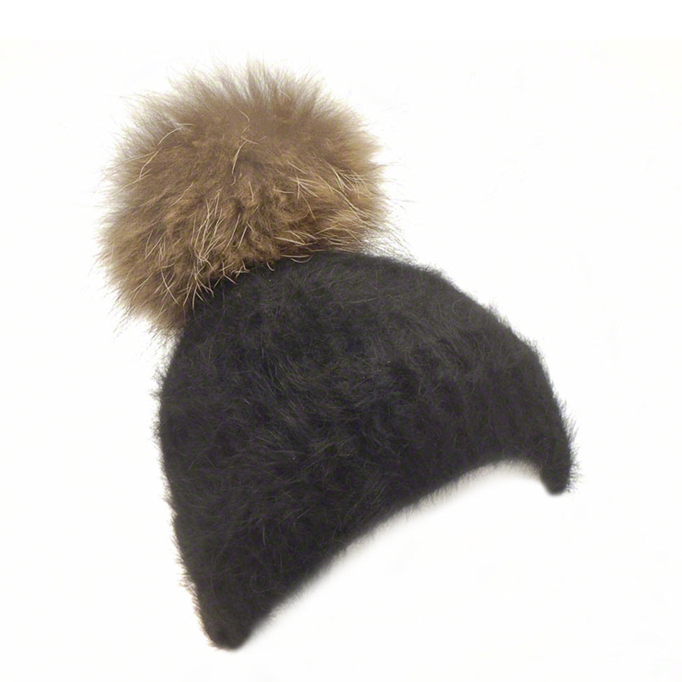 Black knitted angora beanie with raccoon pompom - Ellimonelli