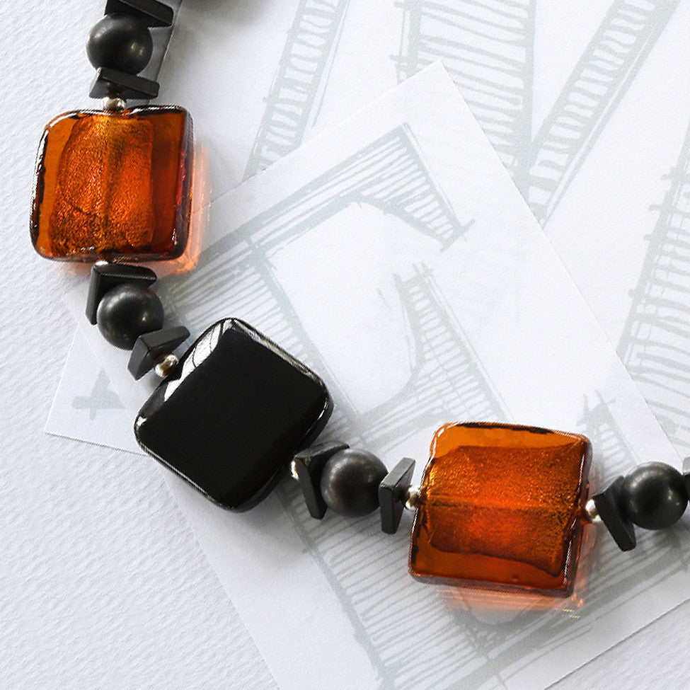 Darcy square black agate, amber glass and silver necklace by Elli