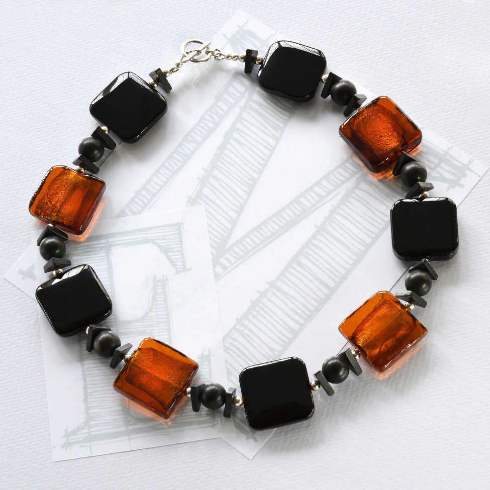 Darcy black agate, amber glass and silver necklace by Elli