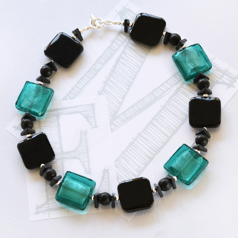 Darcy black agate, turquoise glass and silver necklace by Elli