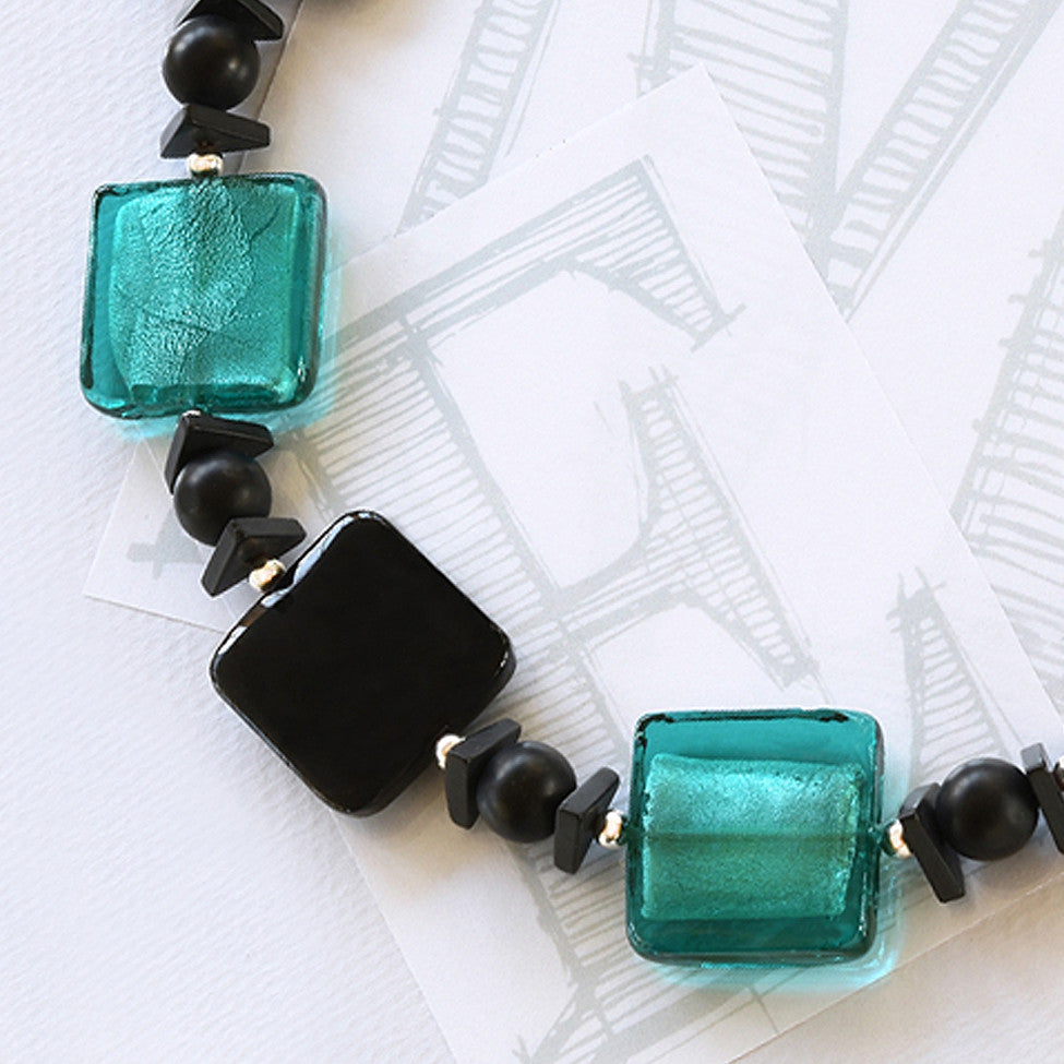 Darcy square black agate, turqouise glass and silver necklace by Elli