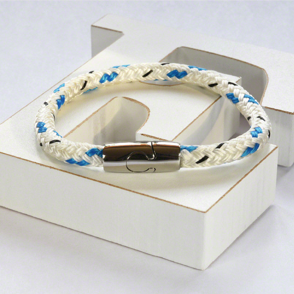White/aqua hot air rope  bracelet with stainless steel magnetic clasp