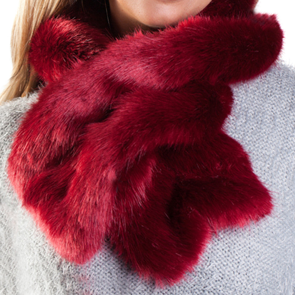 Cranberry faux fur ruffle scarf with velvet lining
