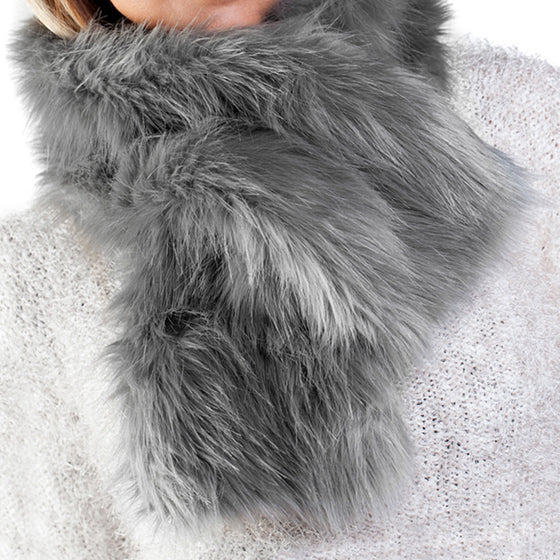 Grey frost faux fur ruffle scarf with velvet lining